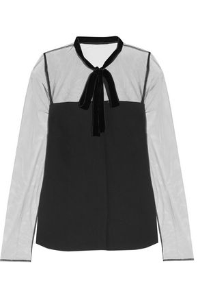 ROLAND MOURET Lovatt velvet-trimmed mesh-paneled crepe top