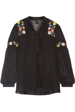 ANNA SUI WOMAN GARDEN EMBROIDERED GEORGETTE BLOUSE BLACK,GB 1998551929393954