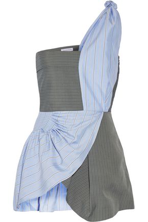 JW ANDERSON WOMAN ONE-SHOULDER STRIPED CREPE AND SILK-TWILL PEPLUM TOP BLUE,GB 1998551929448116