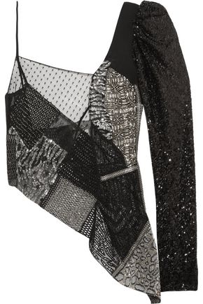 SAINT LAURENT Asymmetric embellished tulle and wool-canvas top