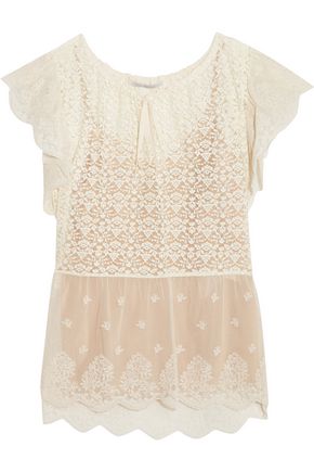 STELLA MCCARTNEY LANEY EMBROIDERED TULLE-PANELED COTTON-BLEND LEAVERS LACE BLOUSE,3074457345618046641