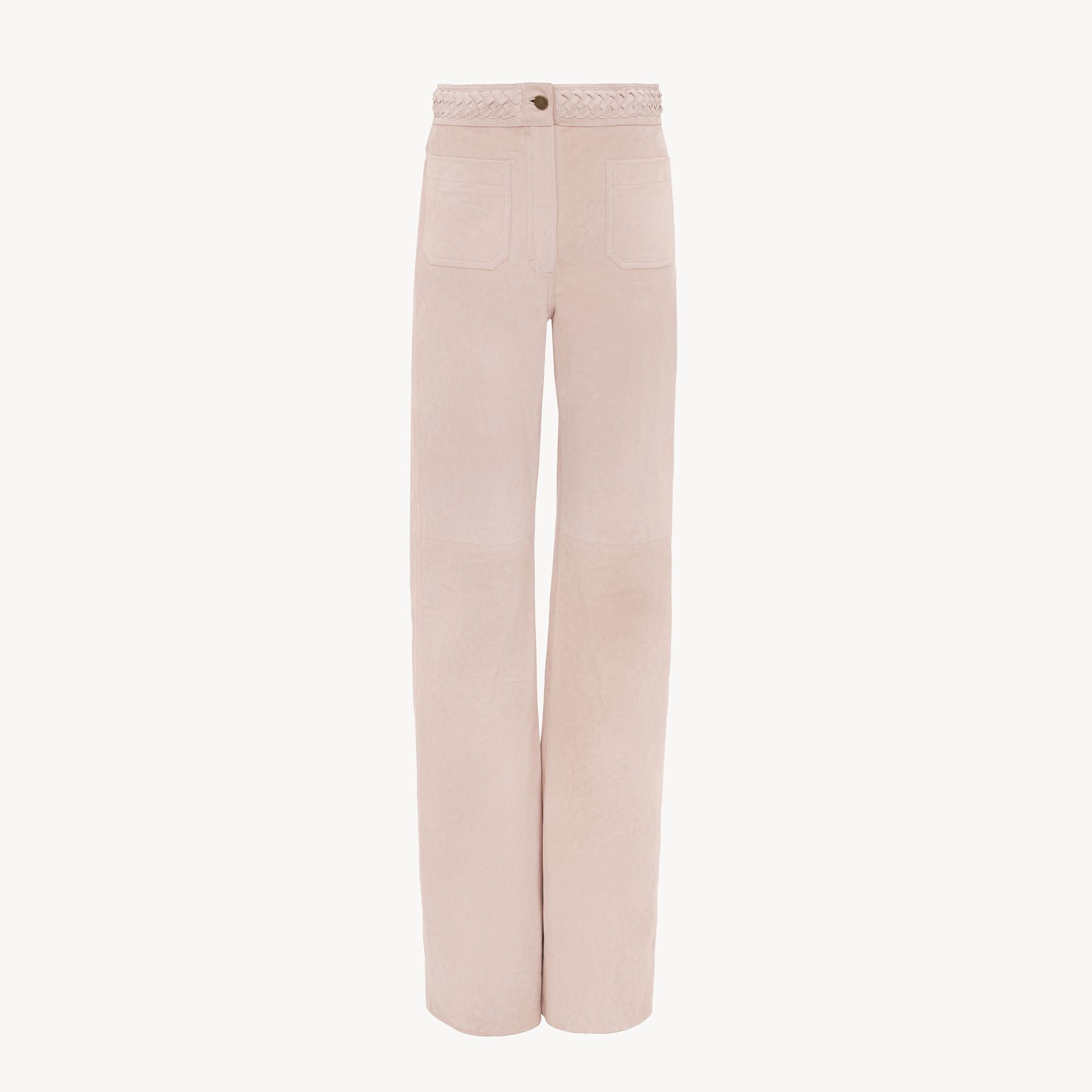 Chloé Pantalon Taille Haute Évasé En Cuir Velours Femme Rose Taille 34 100% Cuir D'agneau In Pink