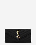 SAINT LAURENT Monogram Matelassé D large monogram flap wallet in black grain de poudre textured matelassé leather f