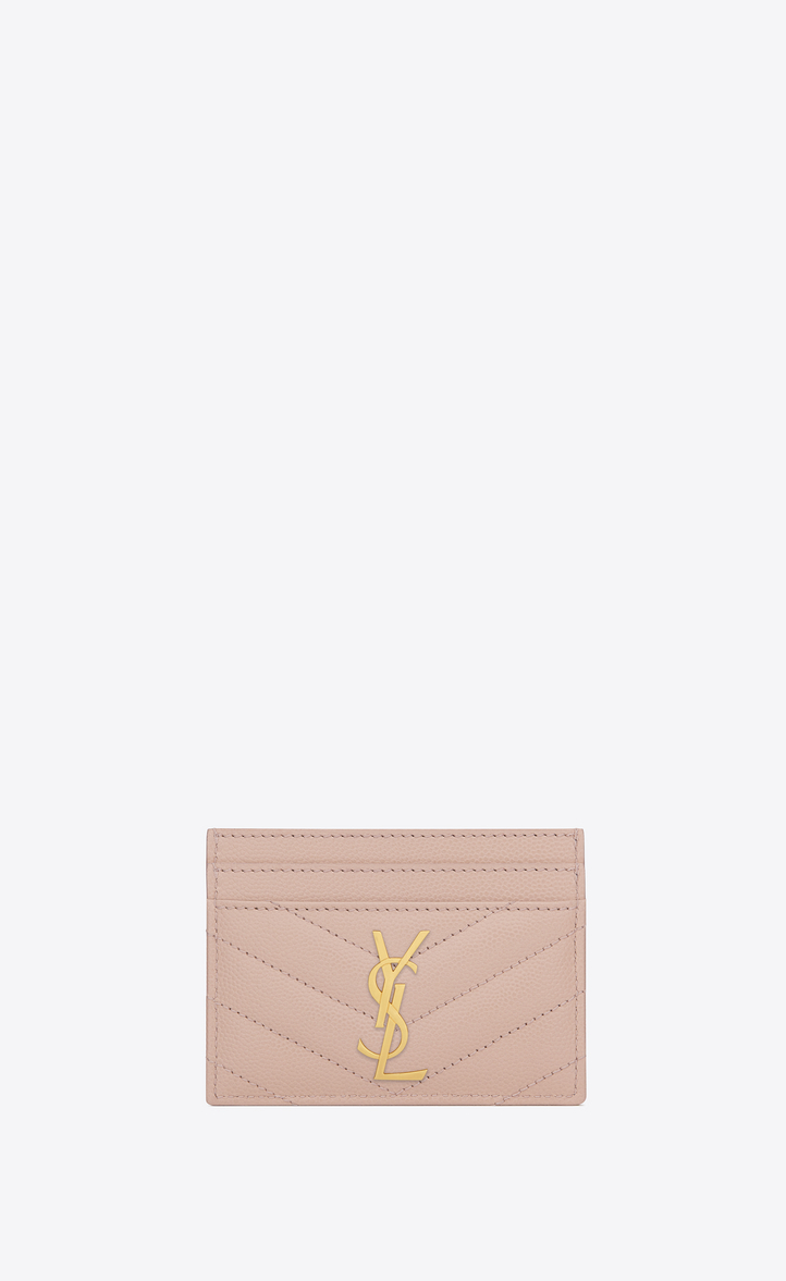 monogram credit card case in pale pink grain de poudre textured matelass leather front view - Pink Card Holder monogram credit card case in pale pink grain de poudre textured matelass leather front view - Pink Card Holder