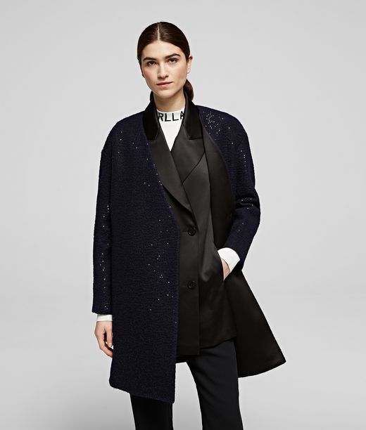 Karl Lagerfeld Mujer Abrigo De Lentejuelas Con Chaleco Azul Marino/negro 60% Poliéster, 40% Lana, Tamaño: 34