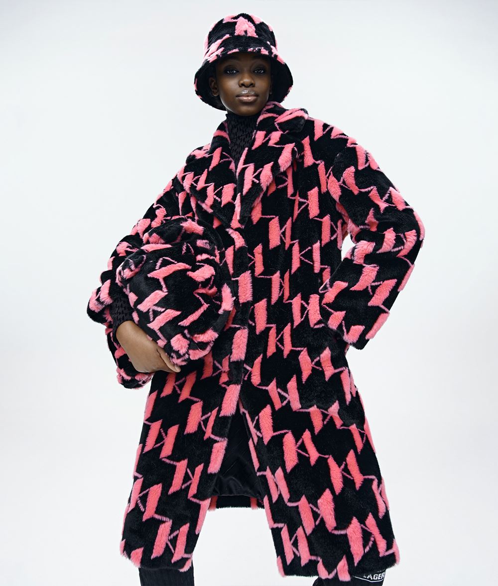 Woman Monogram Faux-fur Coat Black/pink 88% Modacrylic - 12% Sorona® - Size: L